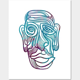 Abstract face line drawing in blues and purples Posters and Art